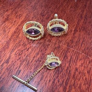 Simulated Amethyst and Goldtone Cufflinks and Tie Pin